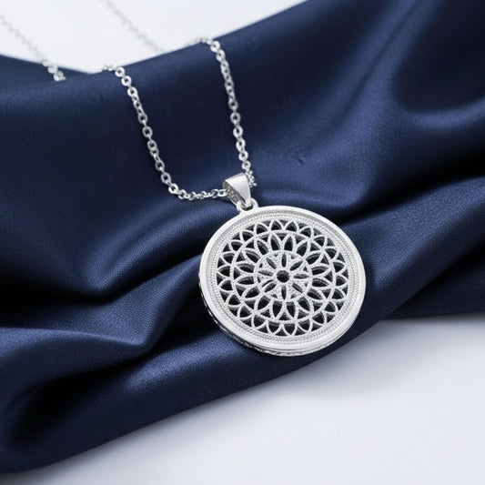 Silvery Round Pendant Long Sweater Chain Geometric Flower Hollow Necklace Women