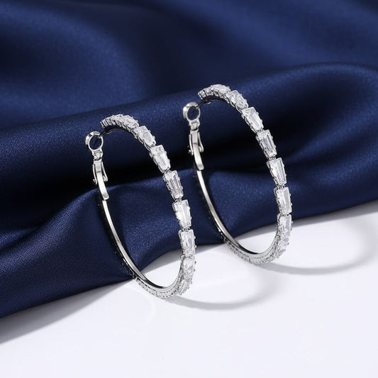925 Sterling Silver Zircon Crystal Round Large Hoop Earrings Women Gift Jewelry