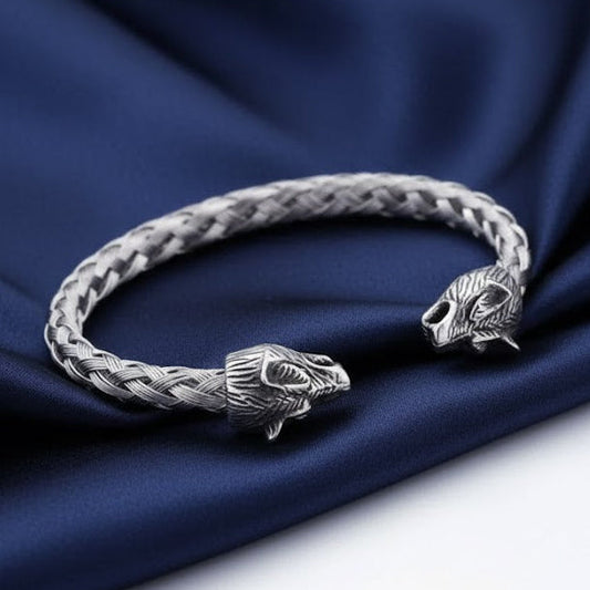 Stainless Steel Skull Braided Bracelet Cuff Bangle Cable Wire Wolf Head For Men