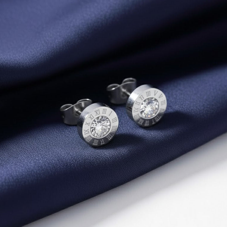 Roman Numerals Cubic Zirconia Stud Earrings