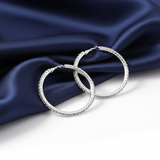 Large Diamante Clear Crystal Hoop Earrings In Rhodium Plating - 10cm Diamete