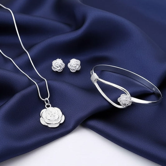 925 Sterling Silver Charm Flower Jewelry Set of 3 Necklace Earring Bangle Women
