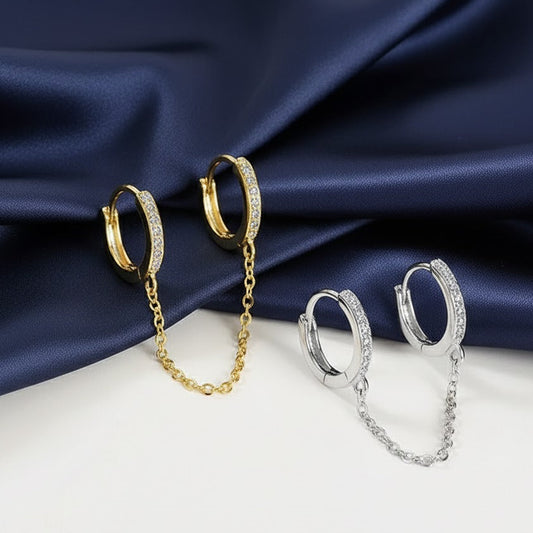 925 Silver Double Hoop Huggie Rhinestone Crystal with Chain Drop Dangle Earring