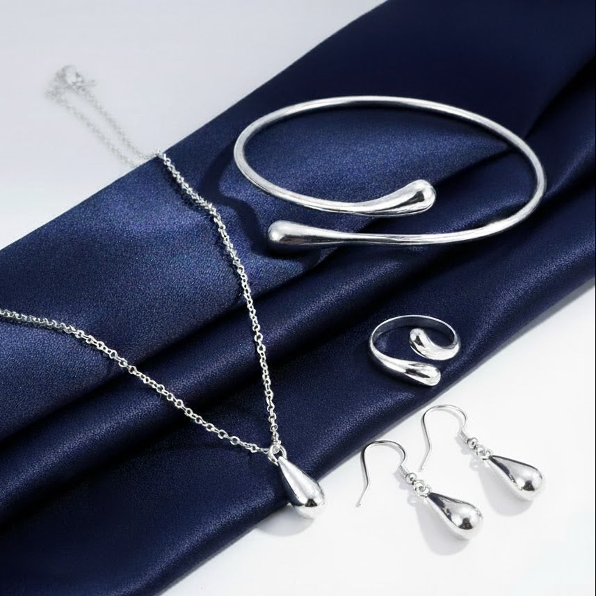 Set of 4 Women Silver Water Drop Bracelet Necklace Earring Ring Party Gift Italy