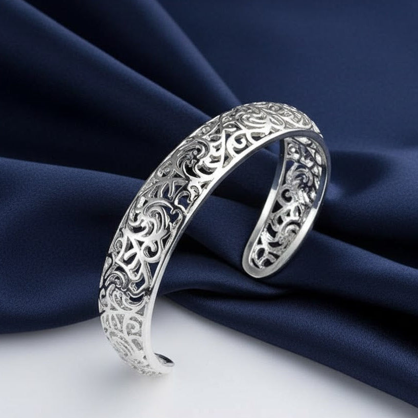 Filigree Hollow Pattern Bangle 925 Sterling Silver Adjustable Open Cuff Bracelet