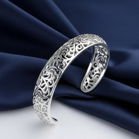 Filigree Hollow Pattern Bangle 925 Sterling Silver Adjustable Open Cuff Bracelet