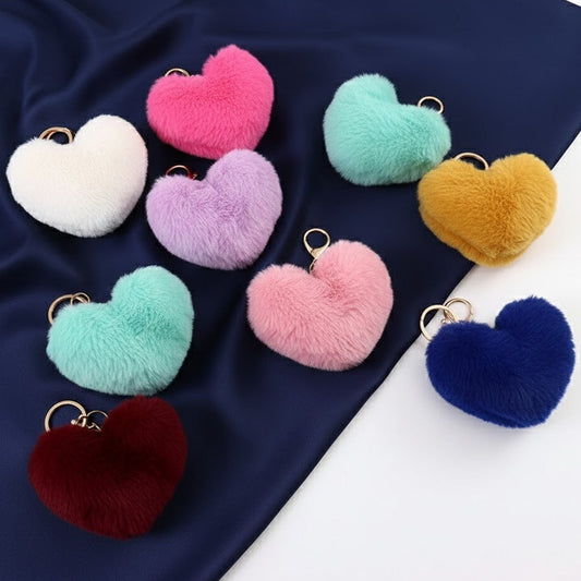 Fluffy Faux Fur Heart Keychain Plush Ball Hand Bag Pendant Soft Hairball Keyring