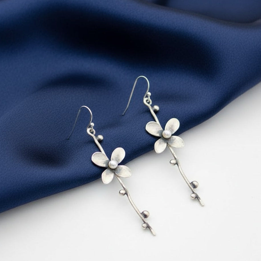 Silver Hook Dangle Flower Pearl Earrings
