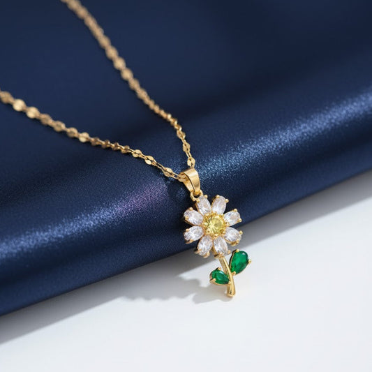 Stainless Steel Crystal Zirconia Daisy Pendant Necklace Women Party Jewelry Gift