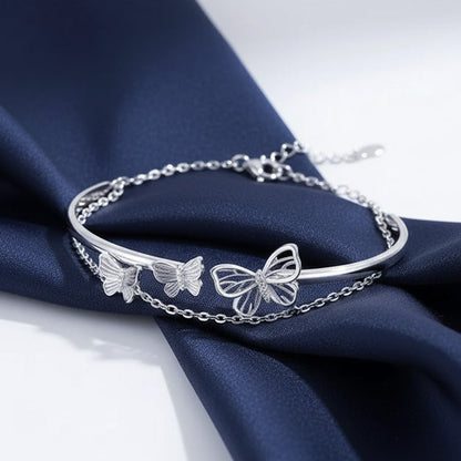 Butterfly Double Layered Bangle Cuff Charm Bracelet Fashion Jewelry Women UK
