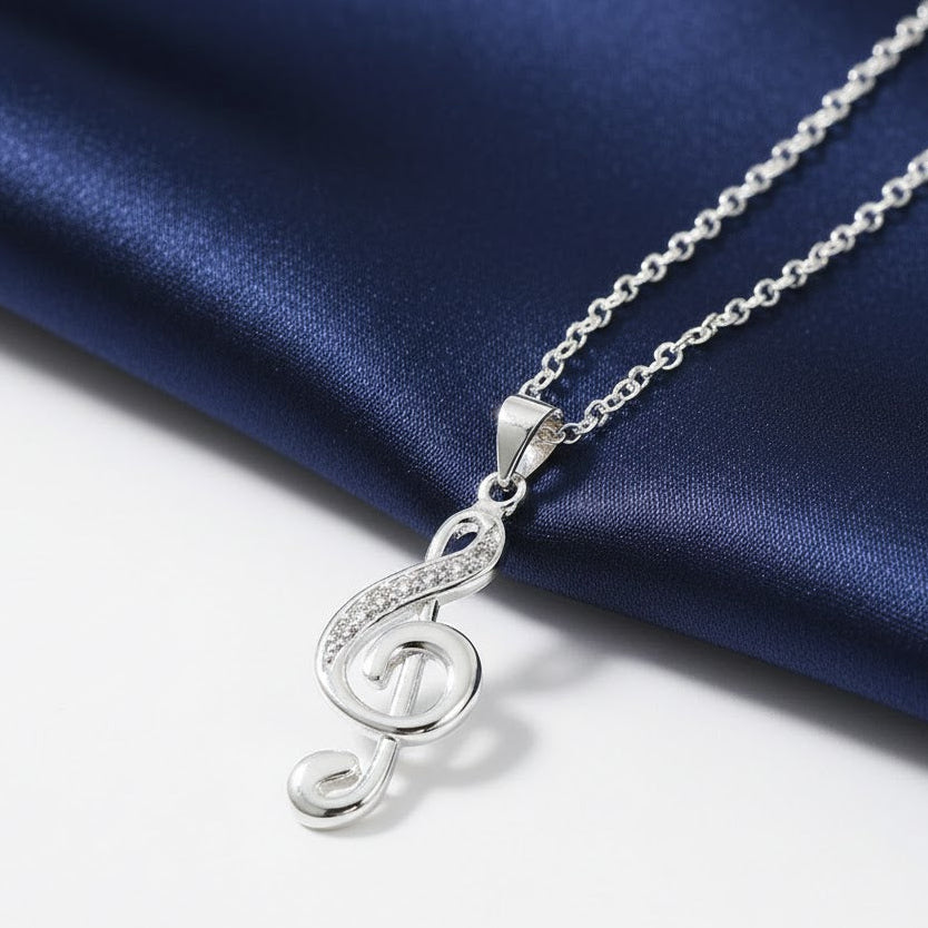 925 Sterling Silver Necklace Crystal Elegant Musical Note Pendant For Women