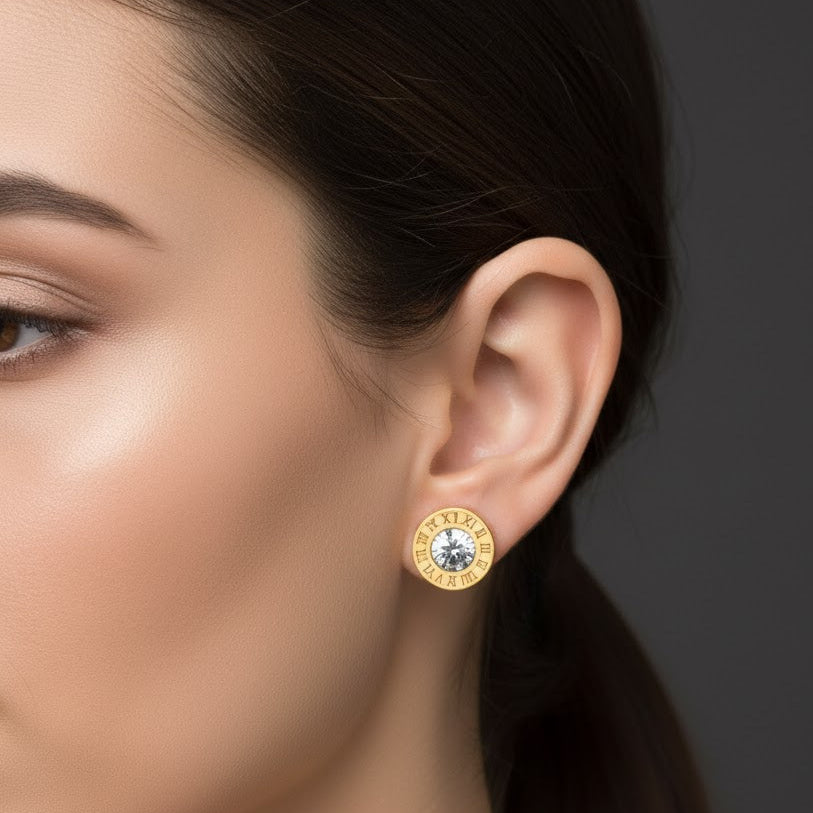 Roman Numerals Stud Earrings Stainless Steel Silver Cubic Zirconia Women Fashion