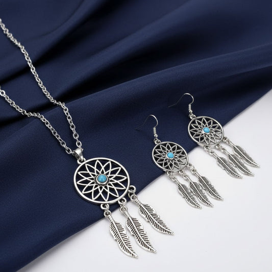 Bohemian Dreamcatcher Leaves Feather Pendant Necklace Tassel Earring Jewelry Set