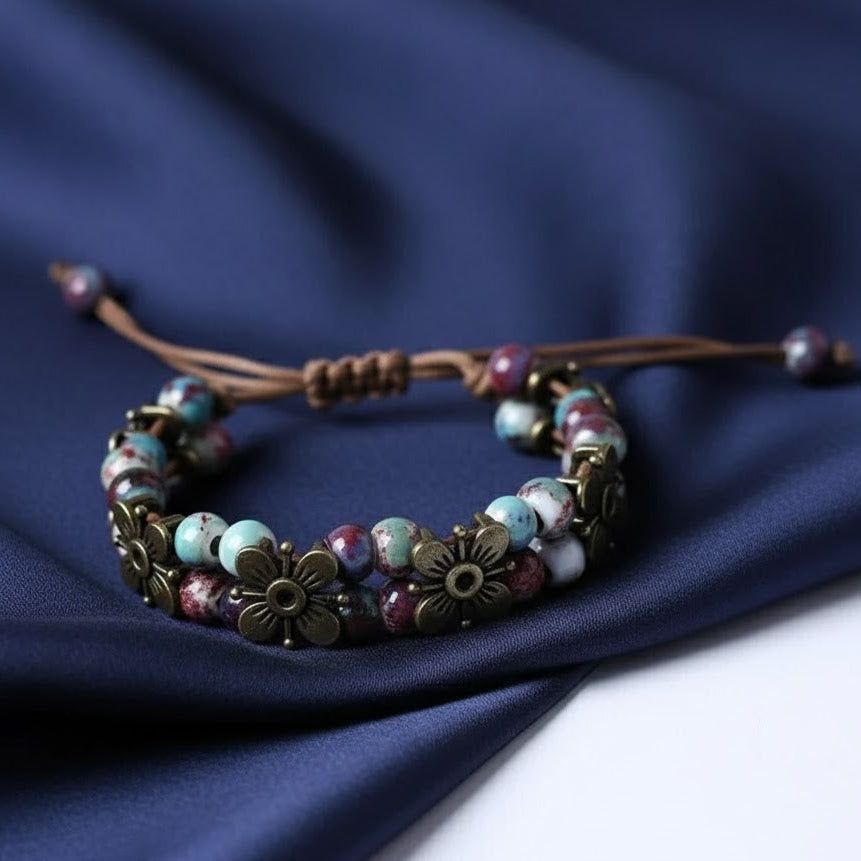 Ceramic Four-leaf clover Ethnic Bracelets Hand-woven Adjustable Bead chain Women