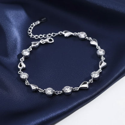 Love Heart Linked Bracelet Sterling Silver Crystal Stone Women Fashion Jewelry