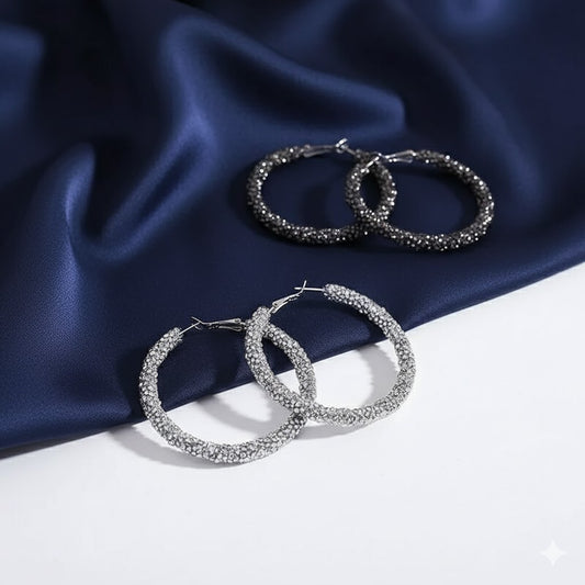 Sparkly Black White Earrings Fire Statement Hoop Shiny Glitter Crystal Fashion