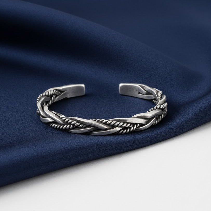 Mens 925 Sterling Silver Thai Handmade Vintage Open Bangle Twisted Cuff Bracelet